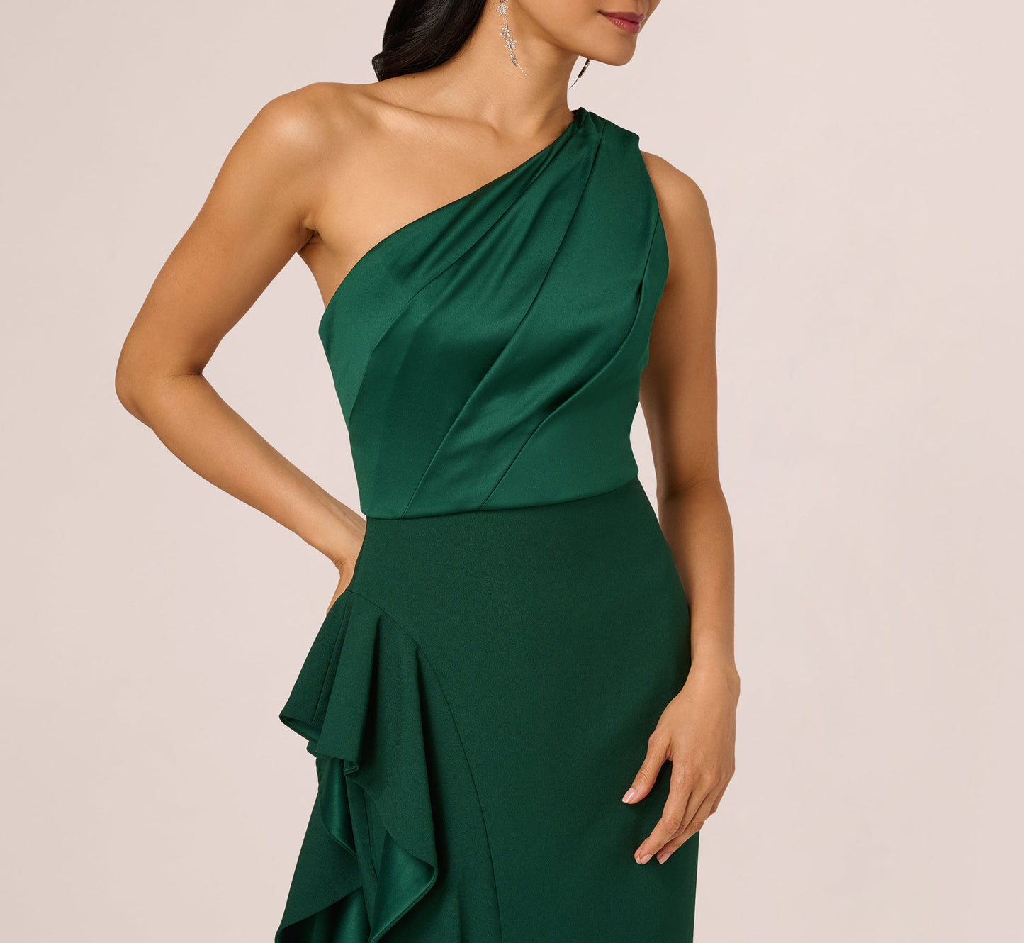 One-Shoulder Long Satin Crepe Mermaid Gown In Deep Forest