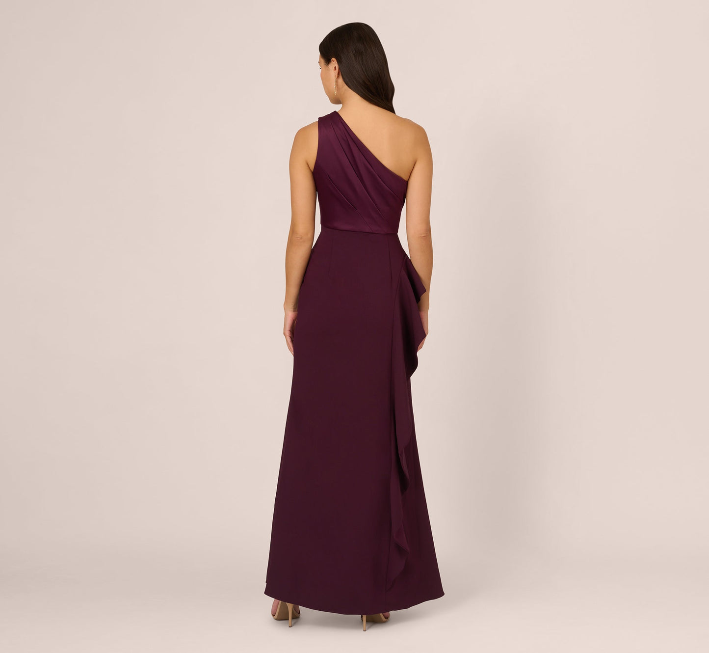 One-Shoulder Long Satin Crepe Mermaid Gown In Bordeaux Glow