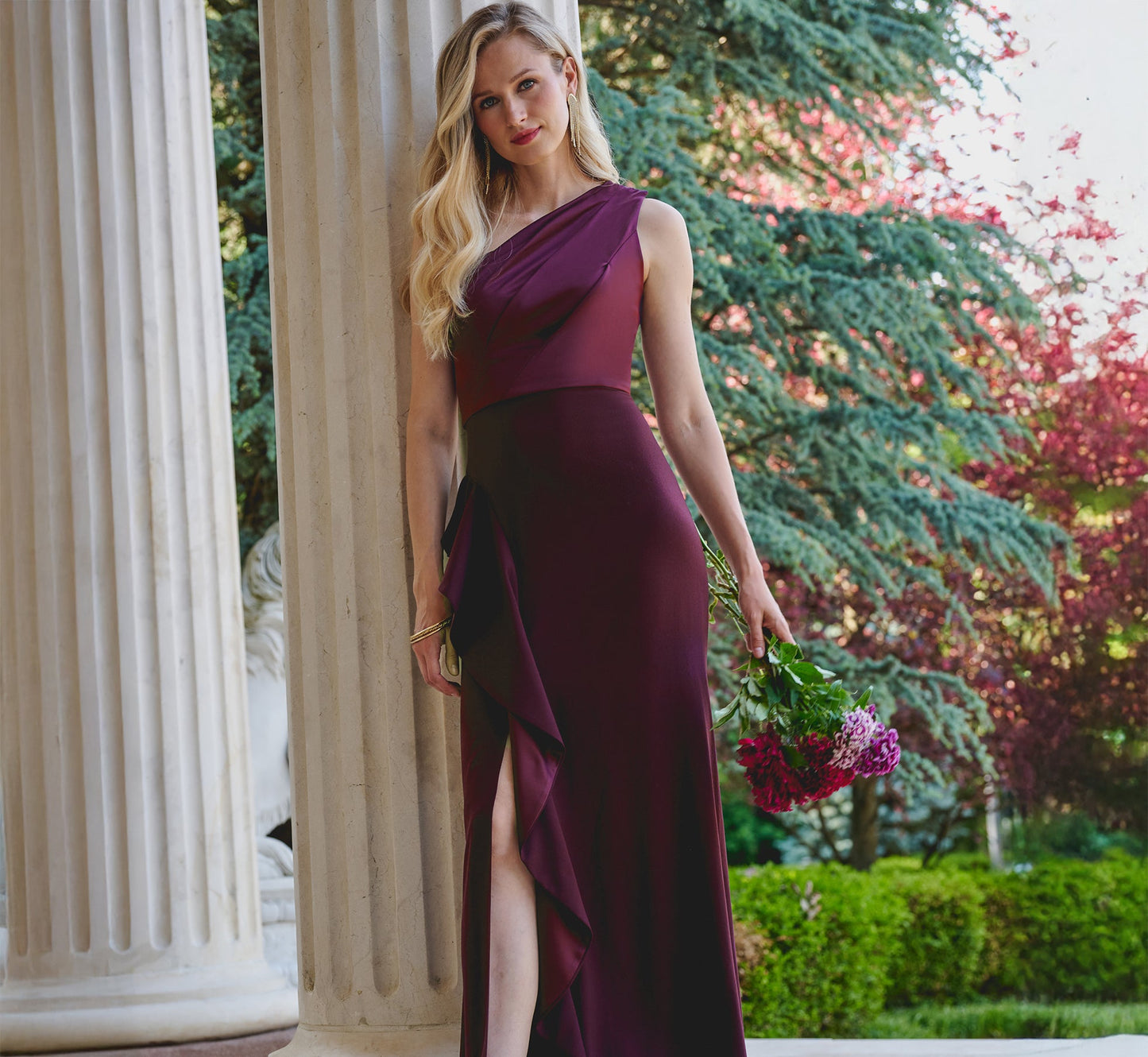 One-Shoulder Long Satin Crepe Mermaid Gown In Bordeaux Glow
