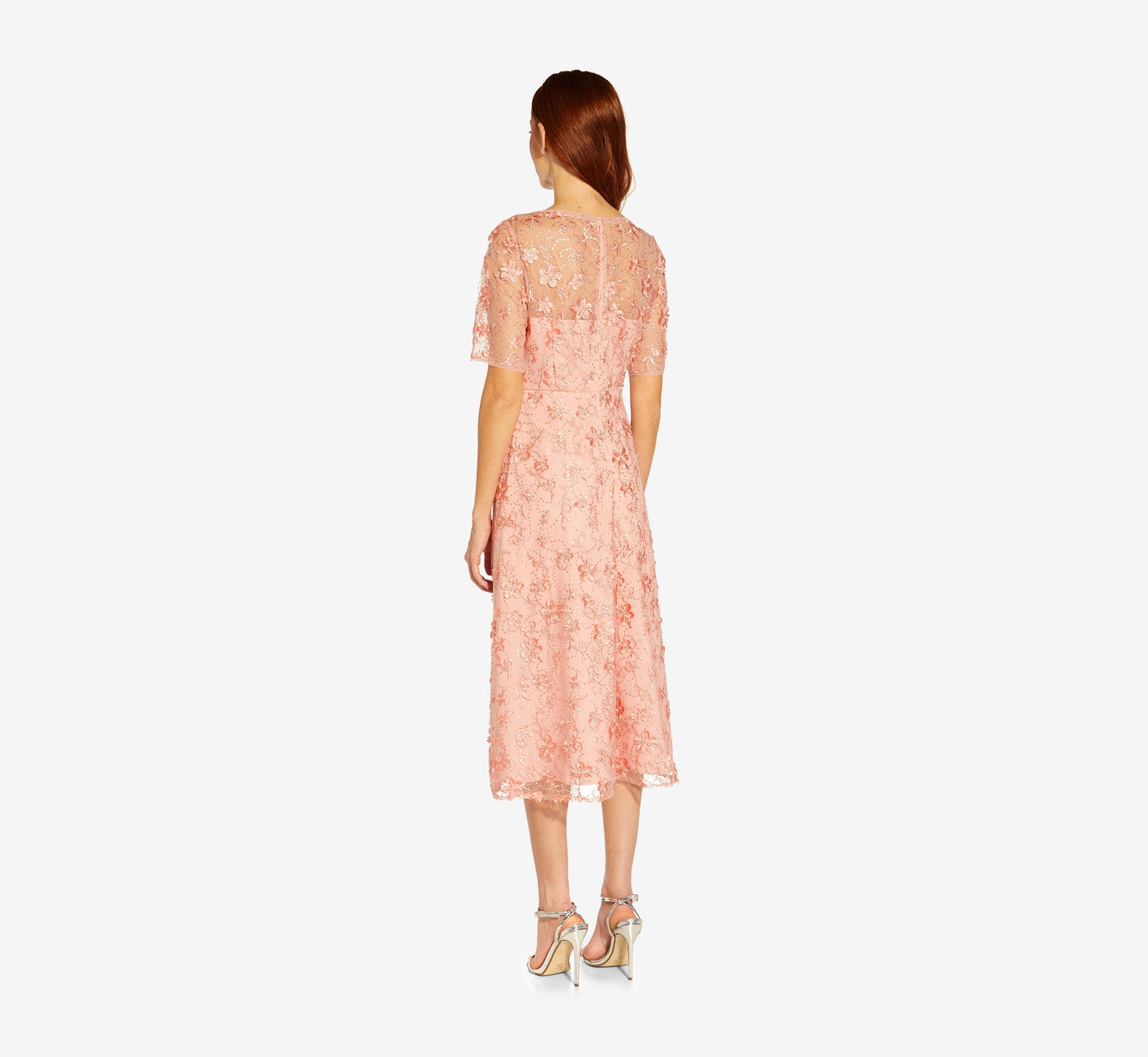 3D Floral Embroidered And Hand-Sequined Tea-Length Fit-And Flare Cocktail Dress In Peach Blossom