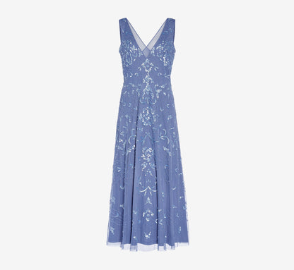 Hand-Beaded Ankle-Length Dress In French Blue