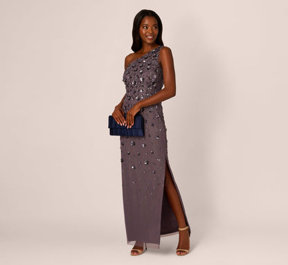 3D Floral Hand-Beaded One-Shoulder Long Column Gown In Moonscape