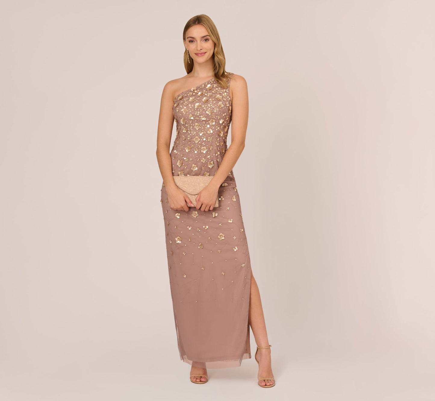 3D Floral Hand-Beaded One-Shoulder Long Column Gown In Stone