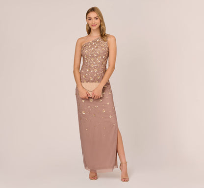 3D Floral Hand-Beaded One-Shoulder Long Column Gown In Stone