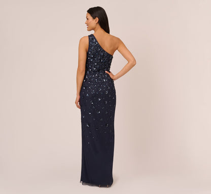 3D Floral Hand-Beaded One-Shoulder Long Column Gown In Dusty Navy