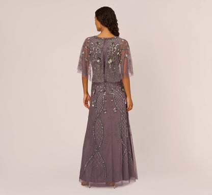 Sequin Beaded Gown With Sheer Cape Sleeves In Moonscape