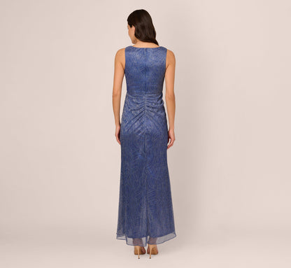 Metallic Mesh Faux Wrap Gown With Ruffle Accents In Light Navy