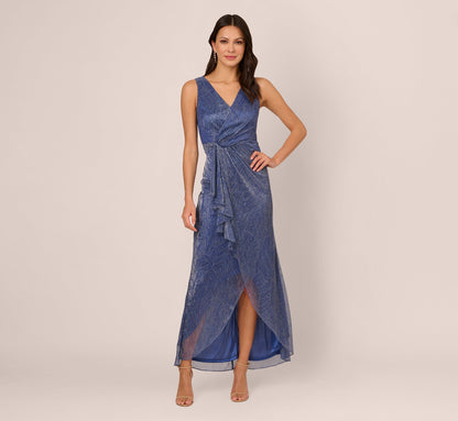 Metallic Mesh Faux Wrap Gown With Ruffle Accents In Light Navy