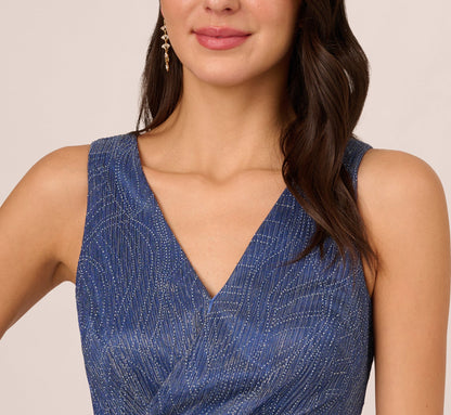 Metallic Mesh Faux Wrap Gown With Ruffle Accents In Light Navy