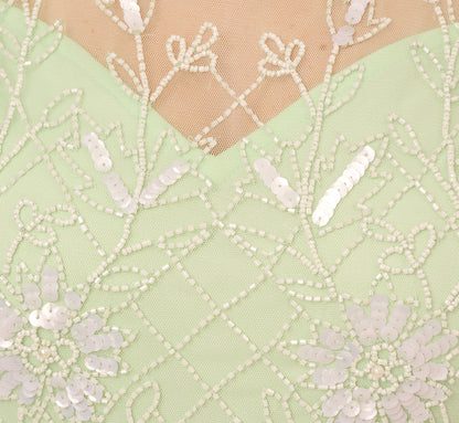 Beaded Ankle-Length Dress With Sheer Neckline In Aloe Mist Ivory