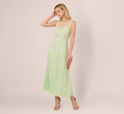 Beaded Ankle-Length Dress With Sheer Neckline In Aloe Mist Ivory