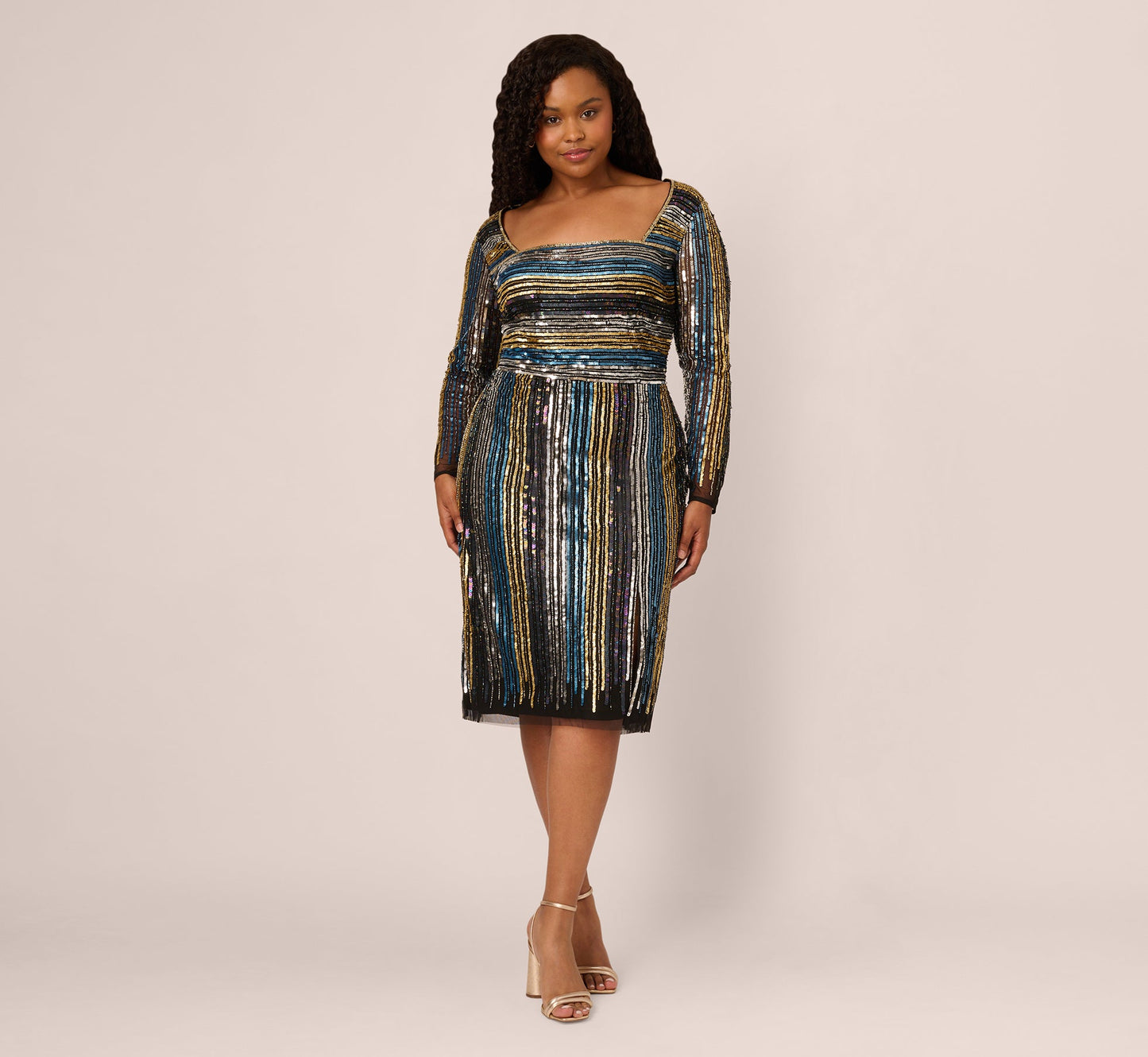 Plus Size Sequin Beaded Sheath Dress With Sheer Long Sleeves In Black Blue Multi