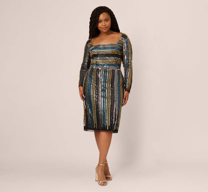 Plus Size Sequin Beaded Sheath Dress With Sheer Long Sleeves In Black Blue Multi