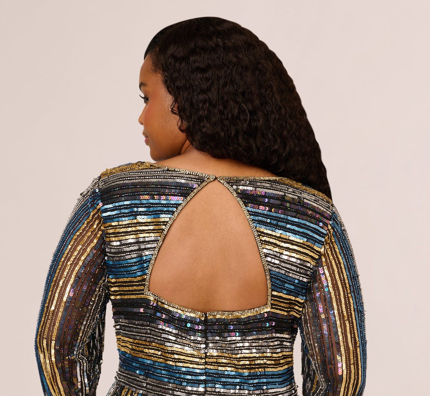 Plus Size Sequin Beaded Sheath Dress With Sheer Long Sleeves In Black Blue Multi