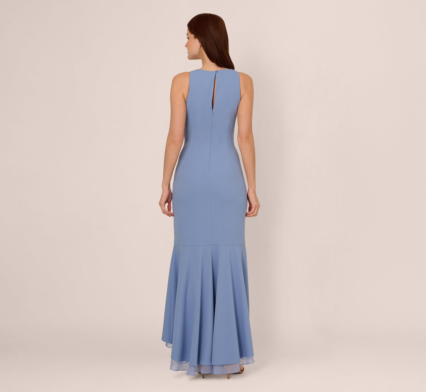 High Low Crepe Halter Gown With Organza Draping In French Blue