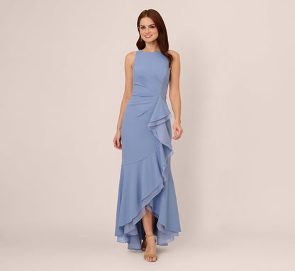 High Low Crepe Halter Gown With Organza Draping In French Blue