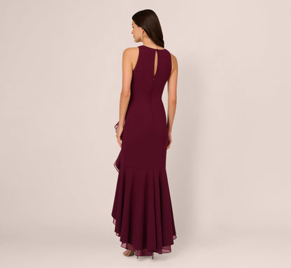 High Low Crepe Halter Gown With Organza Draping In Cabernet