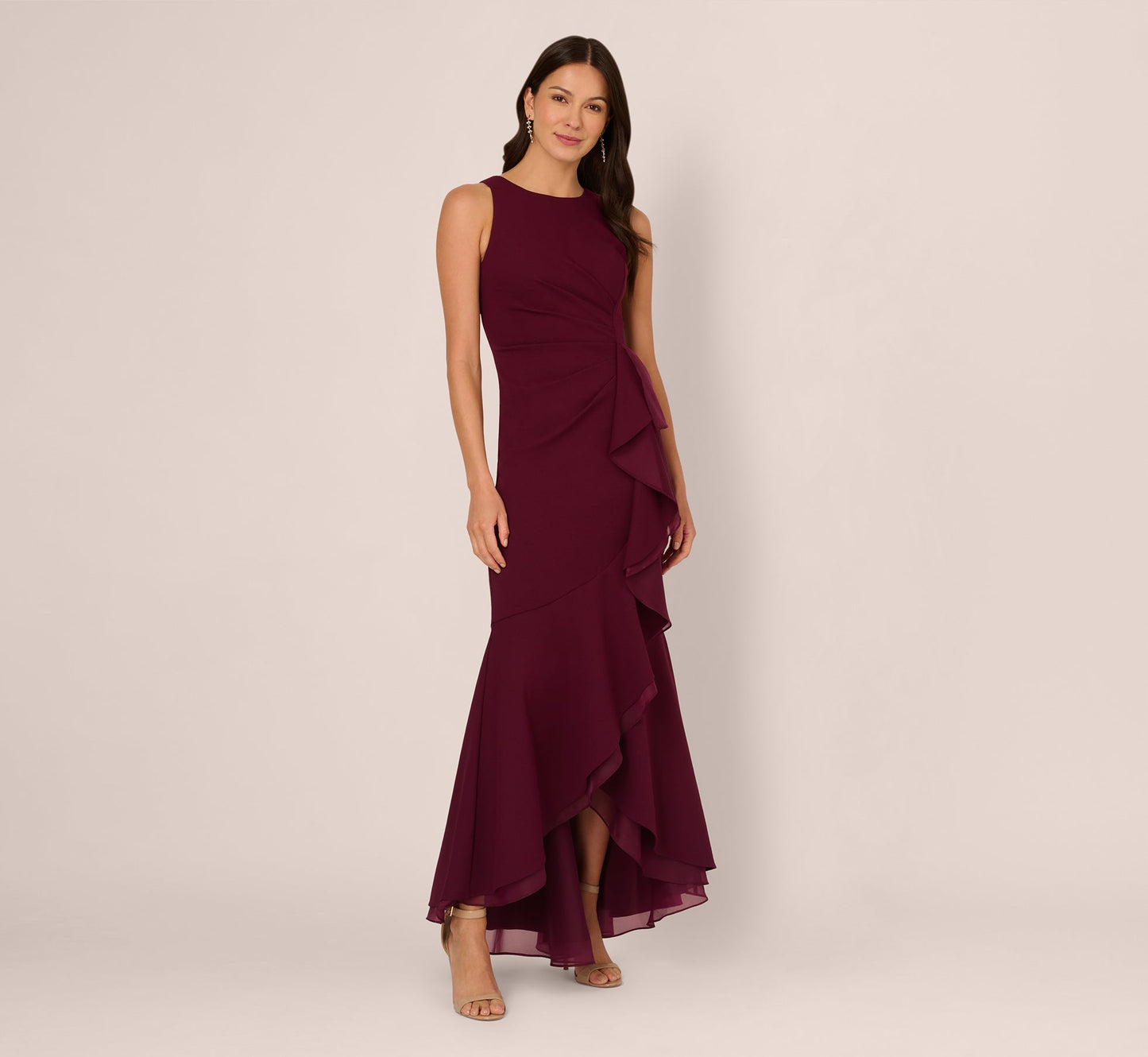 High Low Crepe Halter Gown With Organza Draping In Cabernet