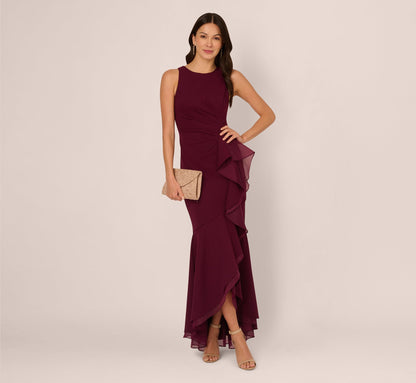 High Low Crepe Halter Gown With Organza Draping In Cabernet