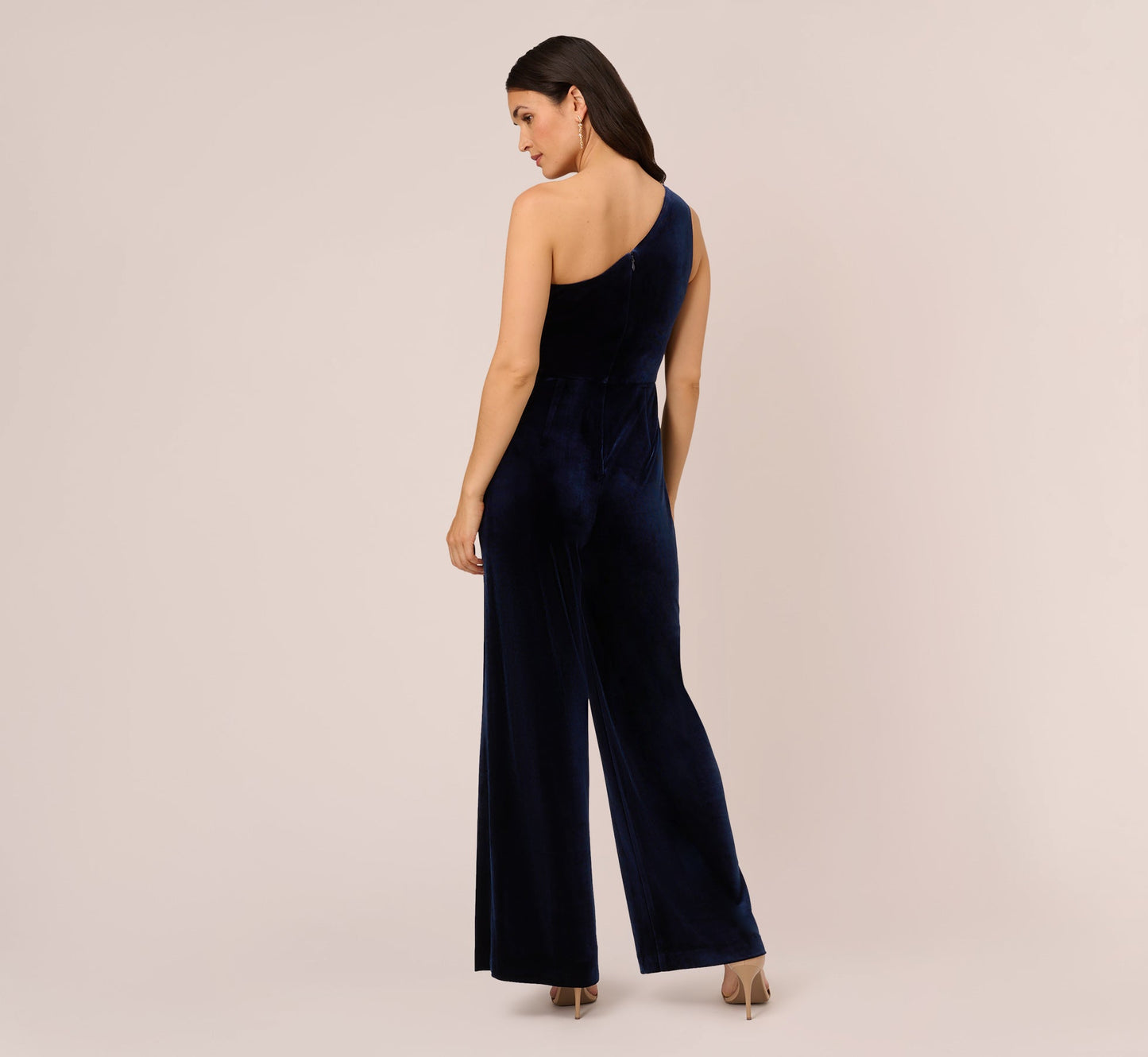 One Shoulder Velvet Jumpsuit With Draped Accent In Midnight