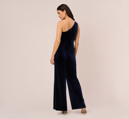 One Shoulder Velvet Jumpsuit With Draped Accent In Midnight