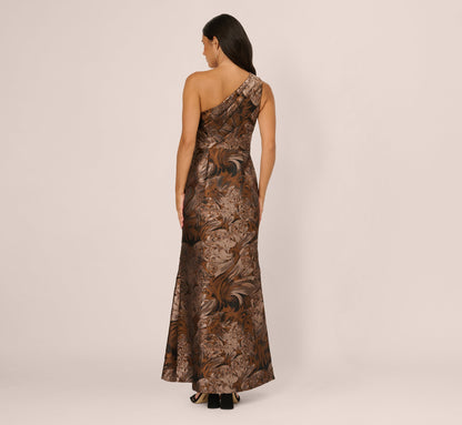 One Shoulder Jacquard Mermaid Gown With Drape Detail In Copper Chocolate