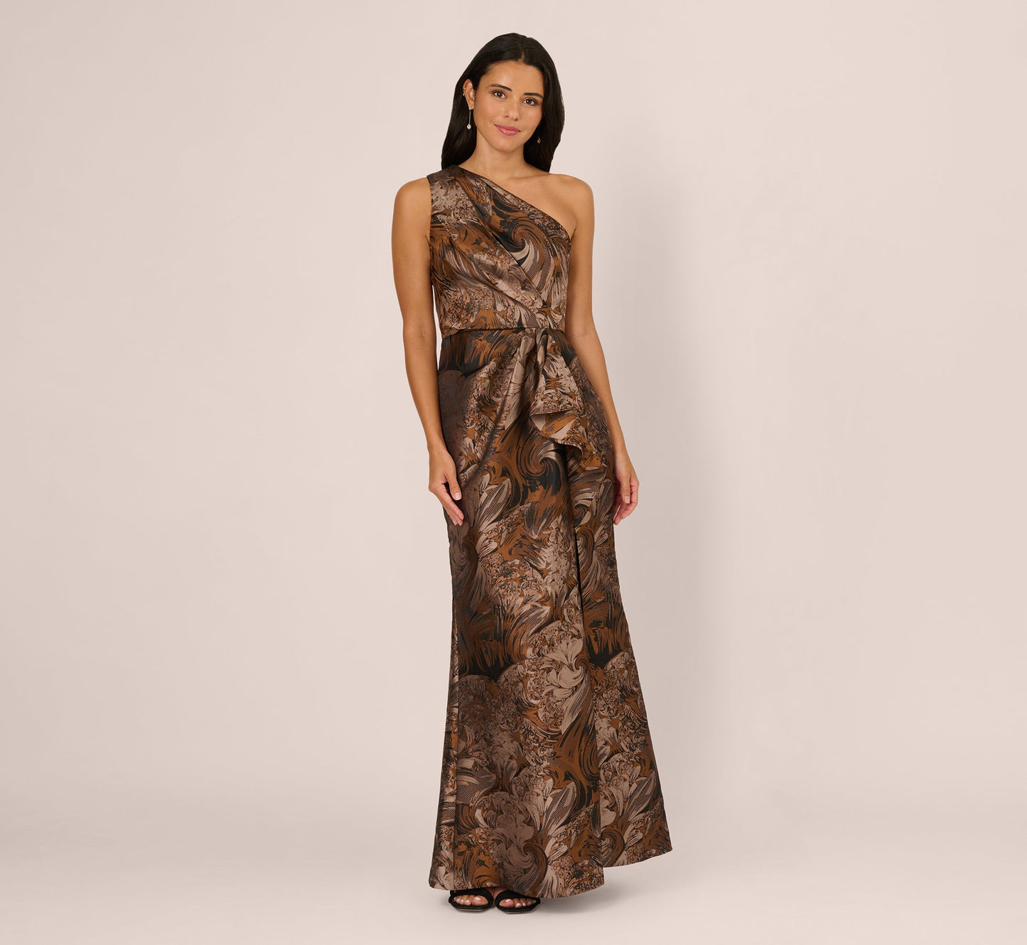 One Shoulder Jacquard Mermaid Gown With Drape Detail In Copper Chocolate