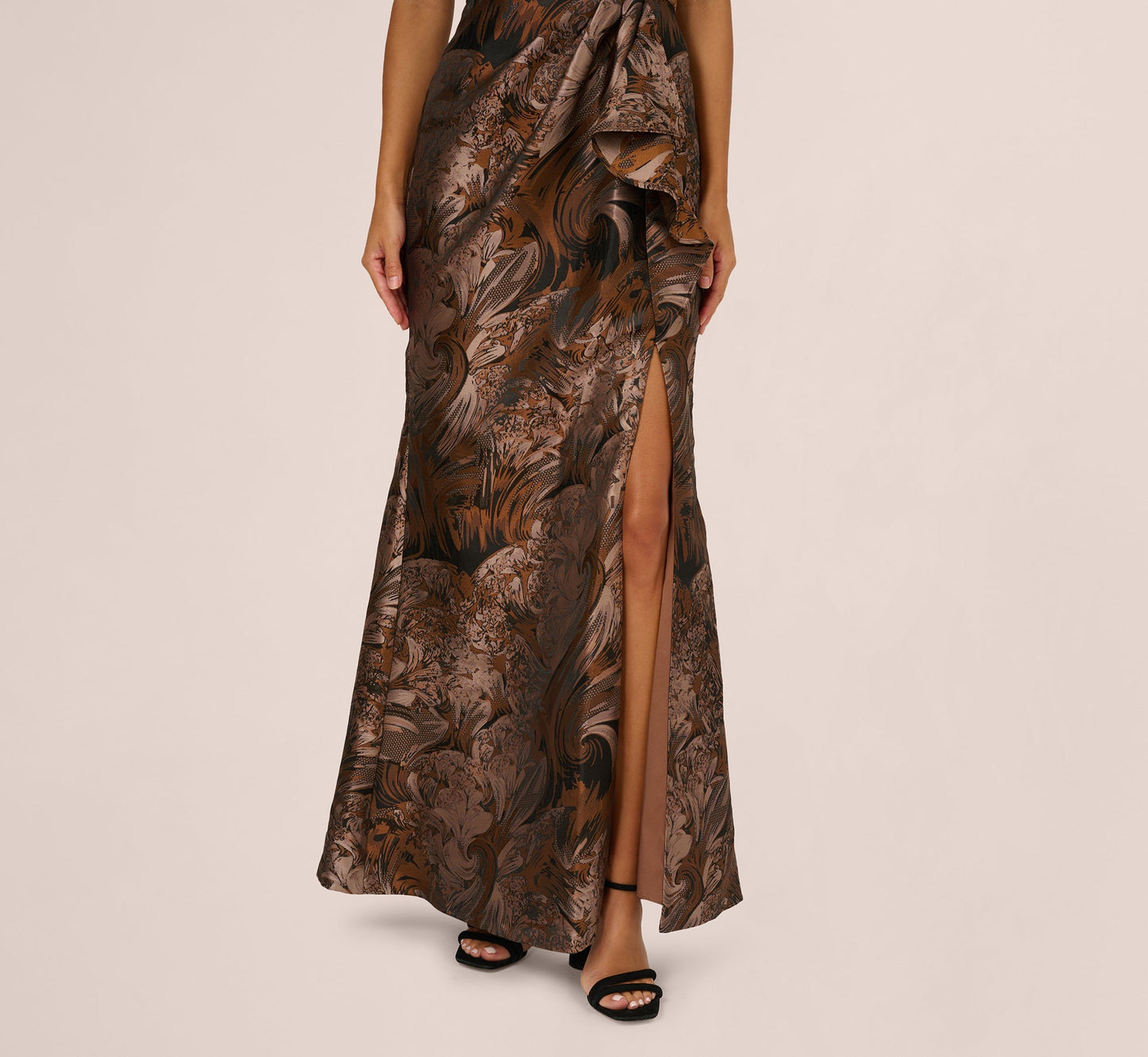 One Shoulder Jacquard Mermaid Gown With Drape Detail In Copper Chocolate
