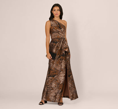 One Shoulder Jacquard Mermaid Gown With Drape Detail In Copper Chocolate
