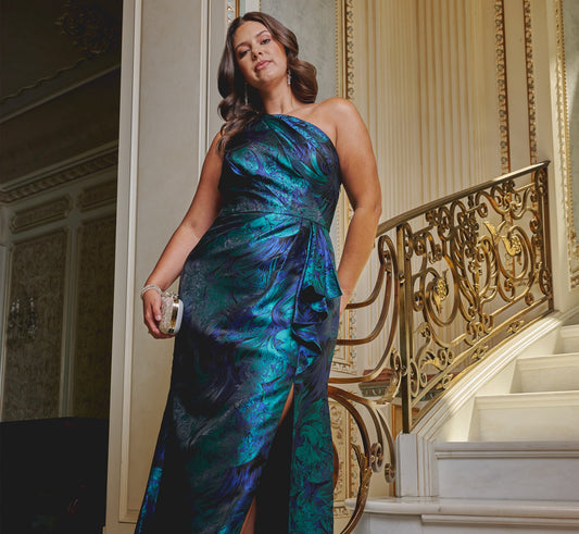 Plus Size One Shoulder Jacquard Mermaid Gown With Drape Detail In Cobalt Teal