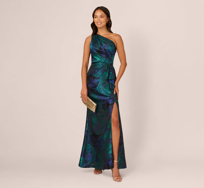 One Shoulder Jacquard Mermaid Gown With Drape Detail In Cobalt Teal
