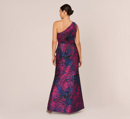 One Shoulder Jacquard Mermaid Gown With Drape Detail In Navy Orchid