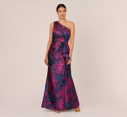 One Shoulder Jacquard Mermaid Gown With Drape Detail In Navy Orchid