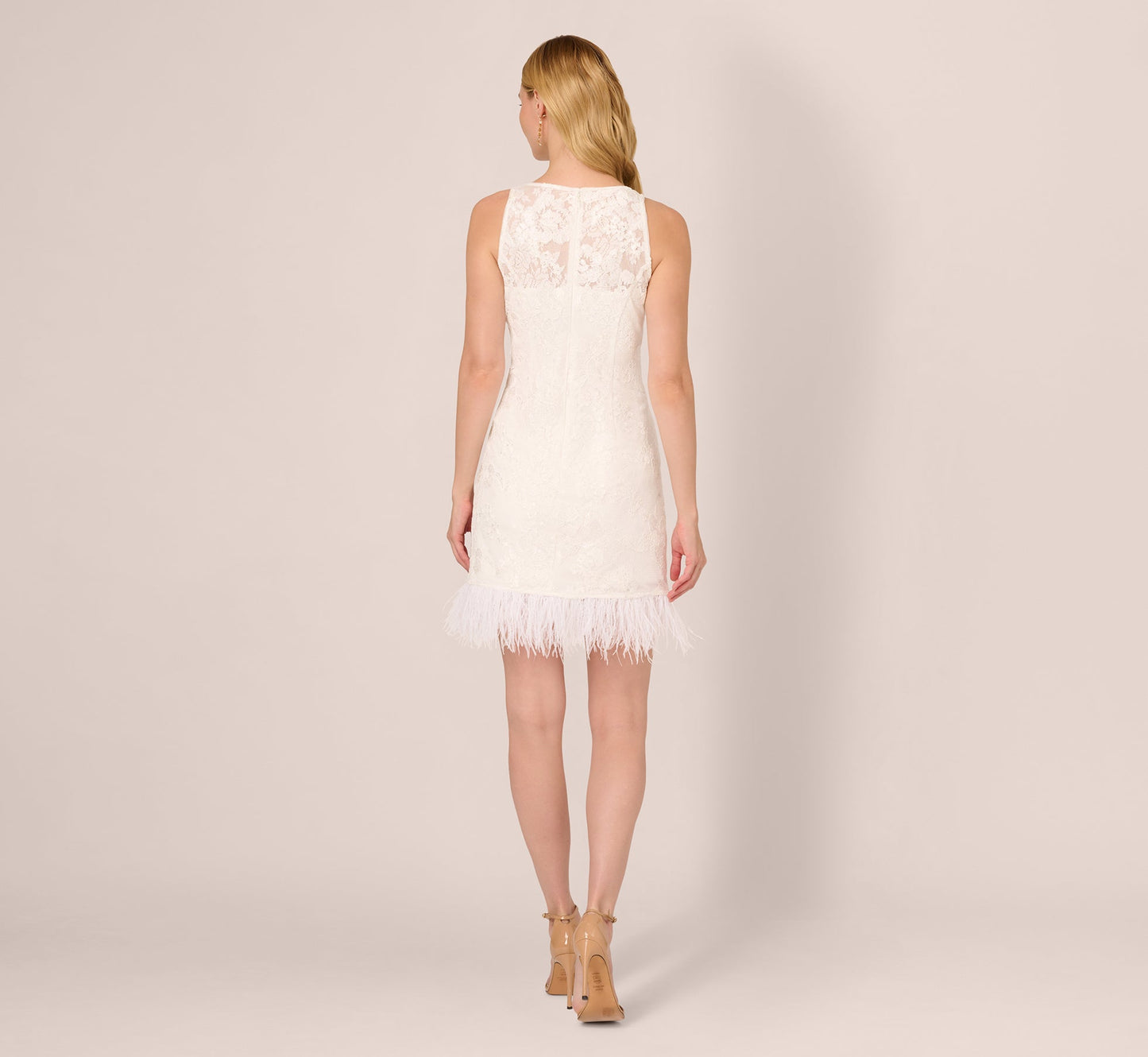 Sleeveless Floral Lace Dress With Feather Trim In Ivory