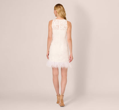 Sleeveless Floral Lace Dress With Feather Trim In Ivory