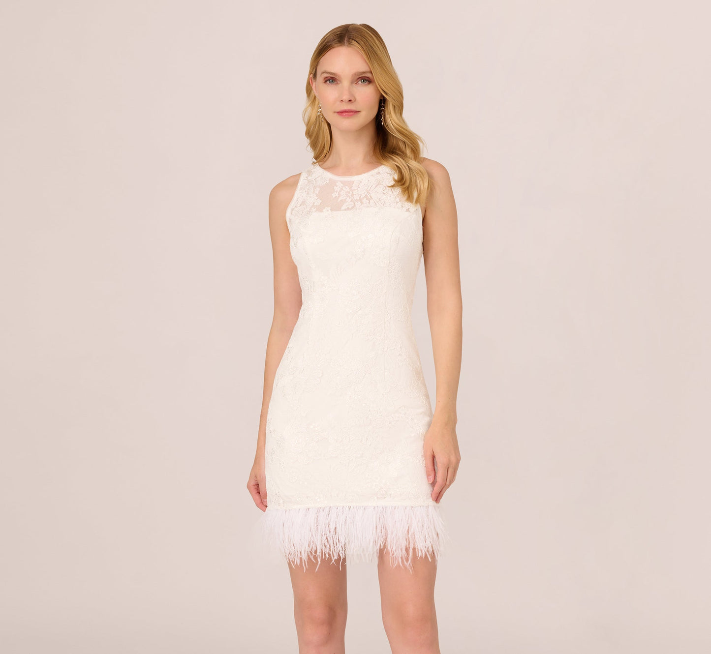 Sleeveless Floral Lace Dress With Feather Trim In Ivory