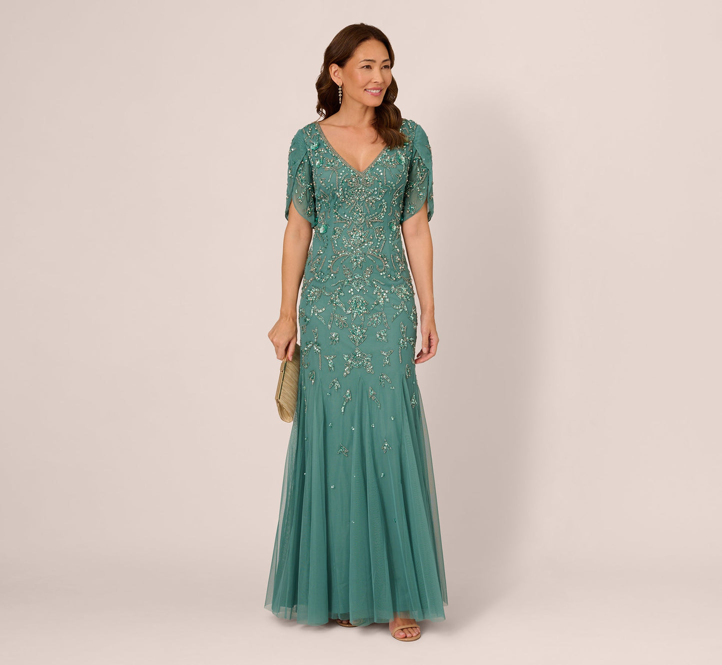 Beaded Mermaid Gown With Sheer Petal Sleeves In Green Slate