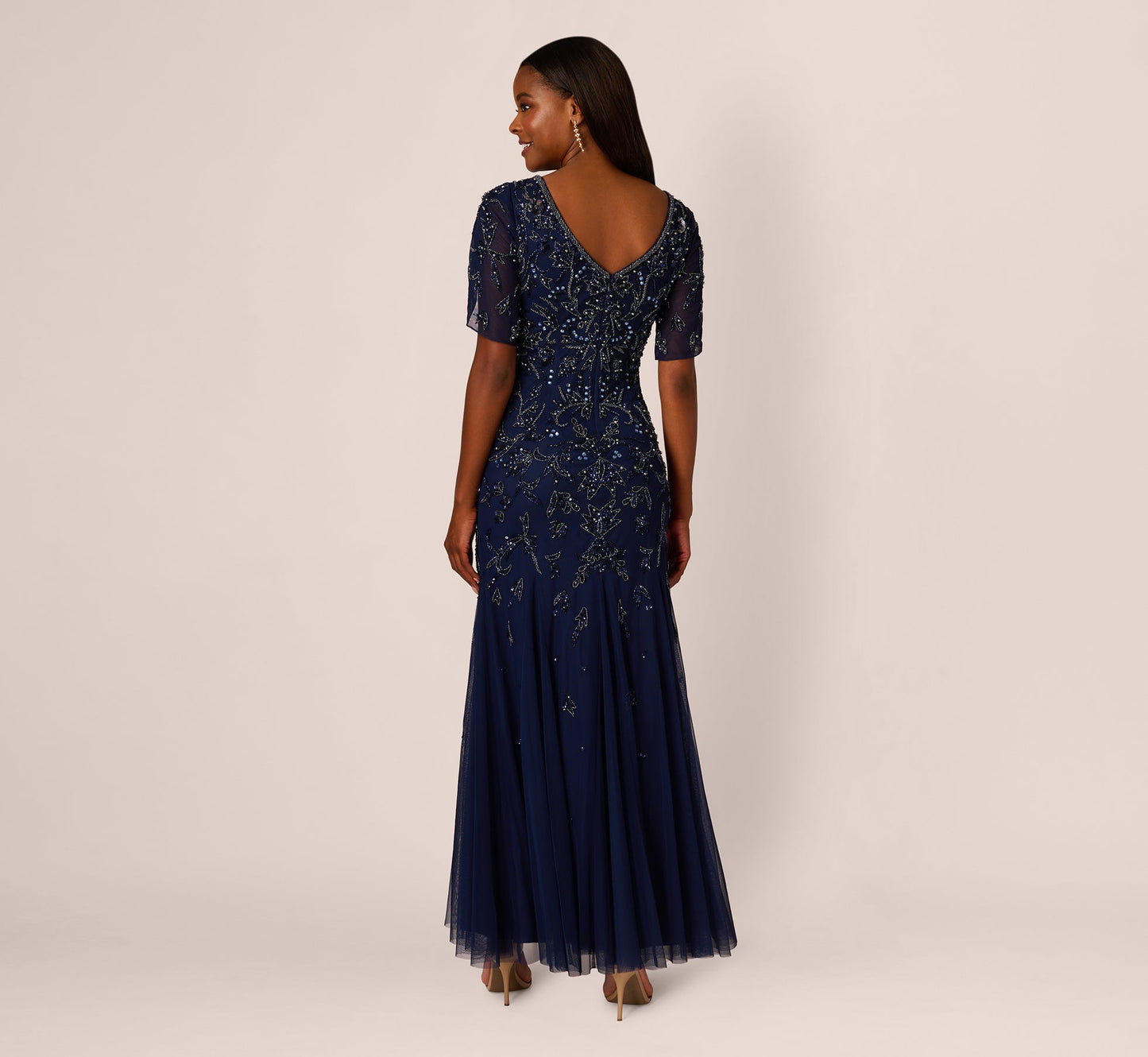 Beaded Mermaid Gown With Sheer Petal Sleeves In Light Navy