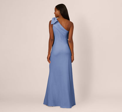 Stretch Crepe One Shoulder Mermaid Gown With Bow Accent In French Blue