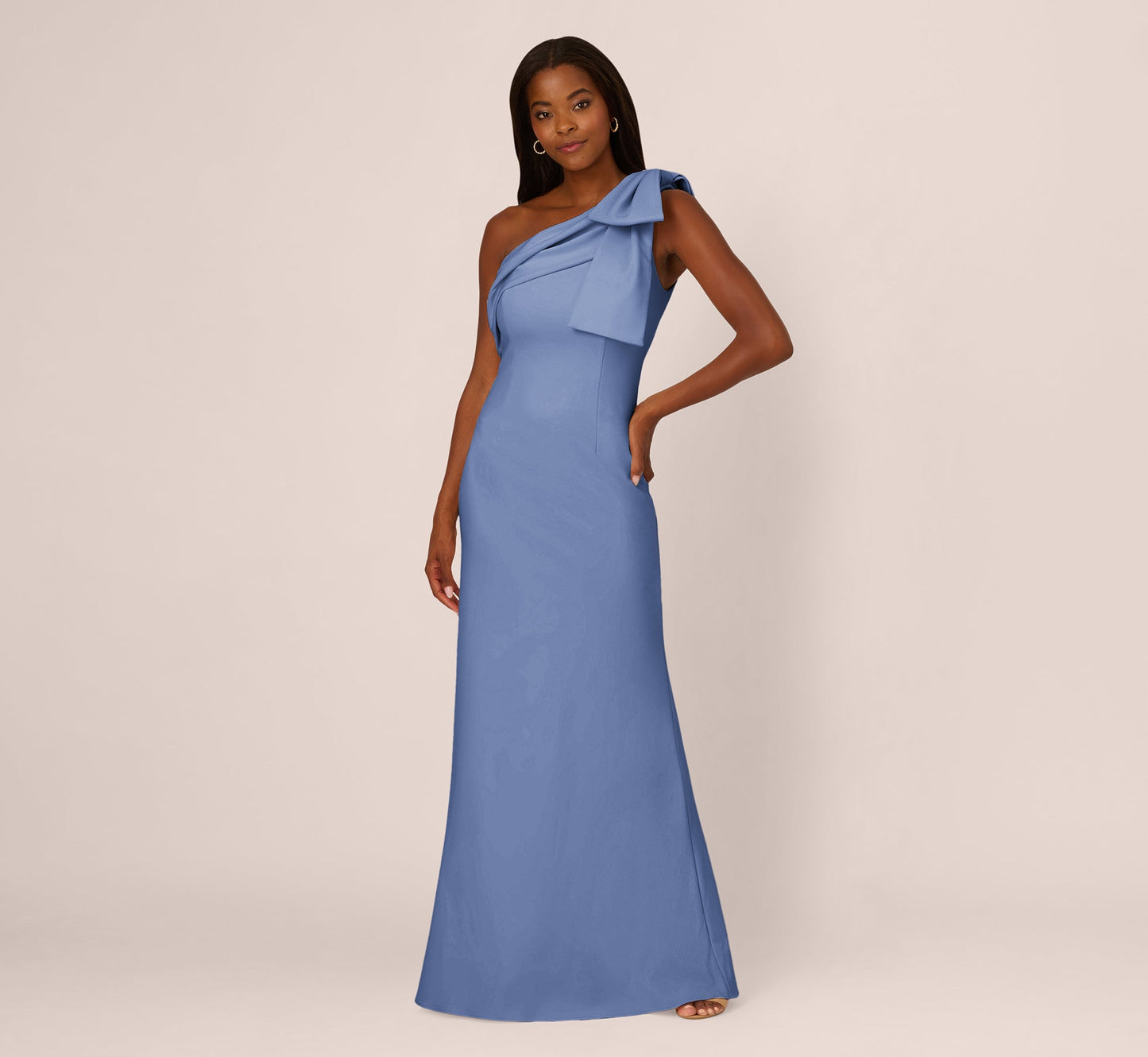 Stretch Crepe One Shoulder Mermaid Gown With Bow Accent In French Blue