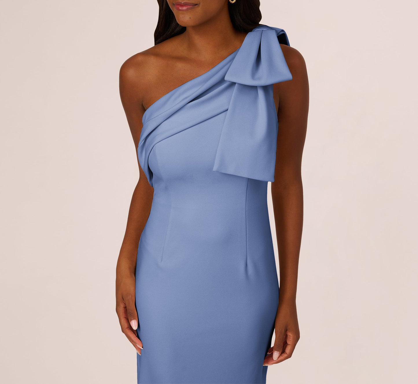 Stretch Crepe One Shoulder Mermaid Gown With Bow Accent In French Blue