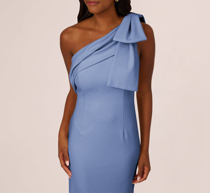 Stretch Crepe One Shoulder Mermaid Gown With Bow Accent In French Blue