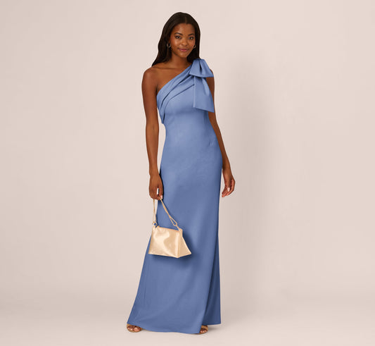 Stretch Crepe One Shoulder Mermaid Gown With Bow Accent In French Blue