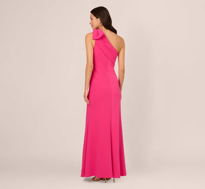 Stretch Crepe One Shoulder Mermaid Gown With Bow Accent In Hot Pink