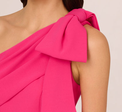 Stretch Crepe One Shoulder Mermaid Gown With Bow Accent In Hot Pink