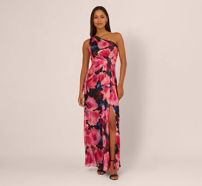 Floral Print Chiffon Gown With One Shoulder Neckline In Black Berry