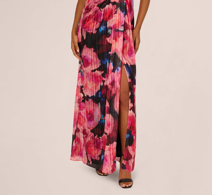 Floral Print Chiffon Gown With One Shoulder Neckline In Black Berry