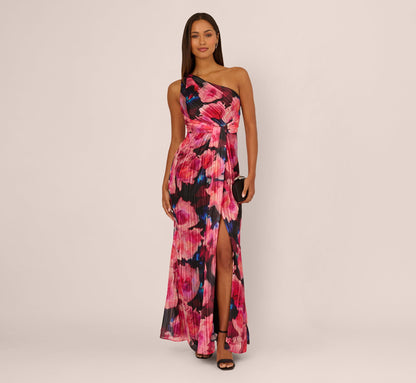 Floral Print Chiffon Gown With One Shoulder Neckline In Black Berry