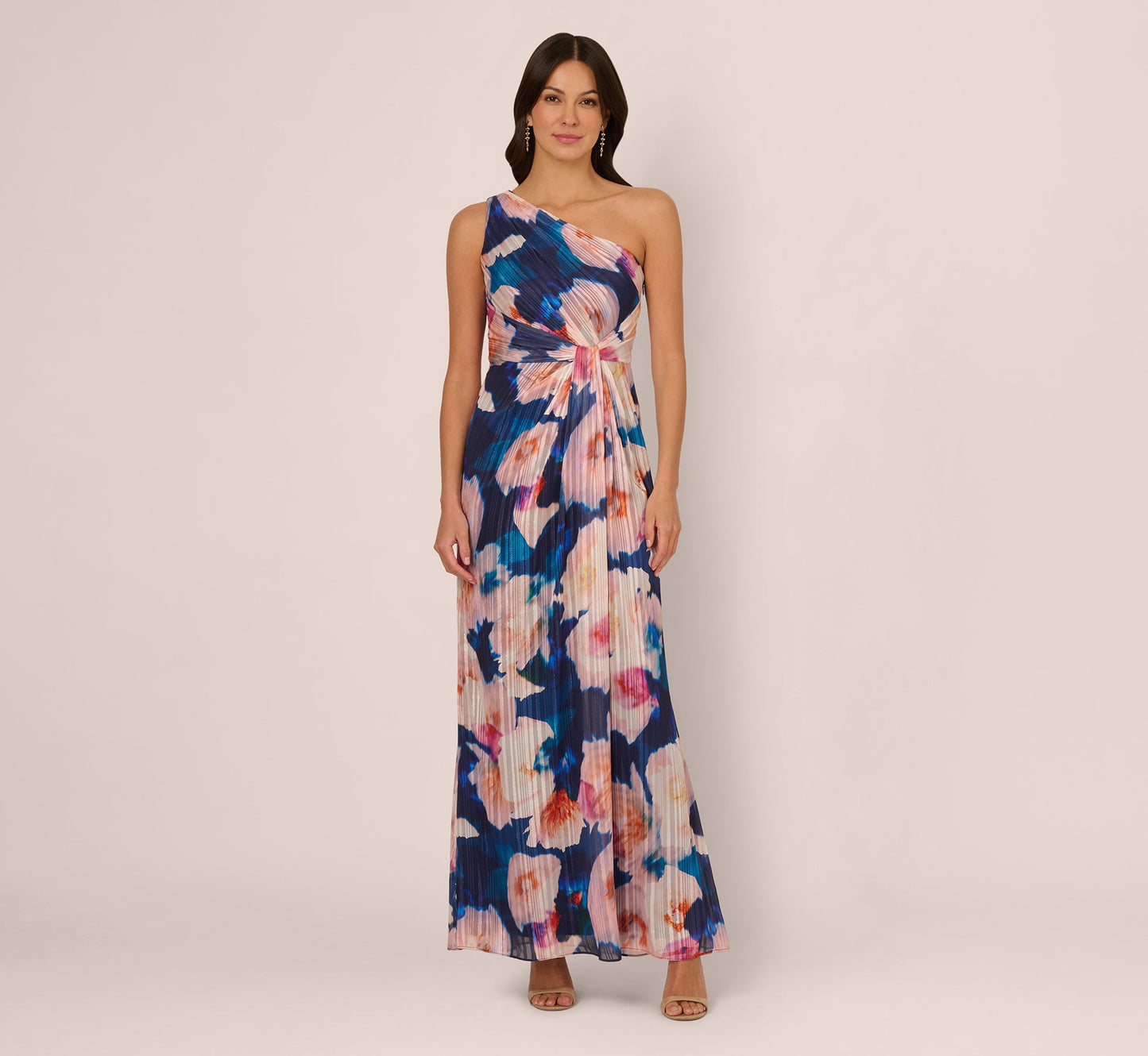 Floral Print Chiffon Gown With One Shoulder Neckline In Navy Blush
