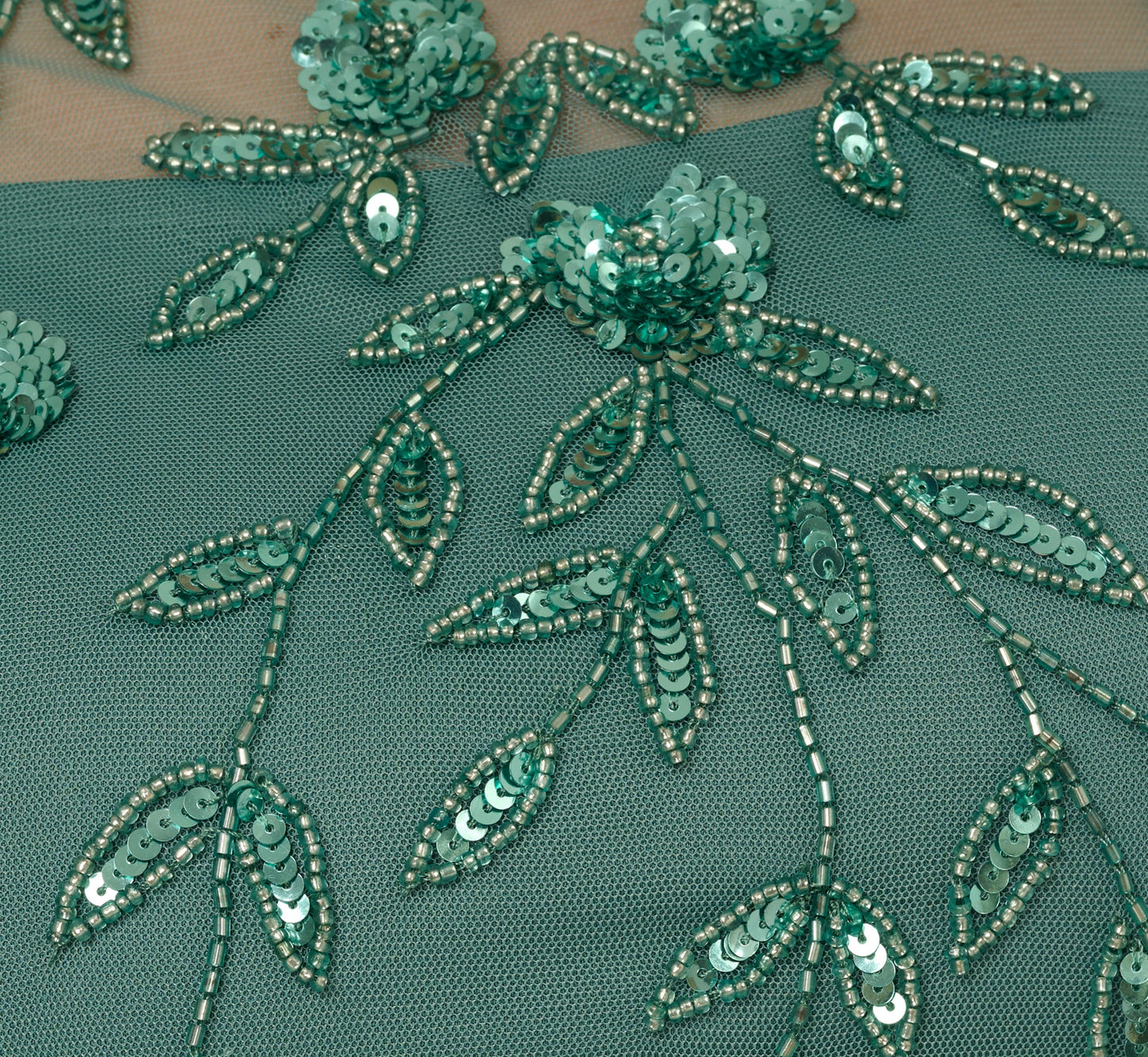3D Floral Beaded Dress With Sheer Short Sleeves In Green Slate